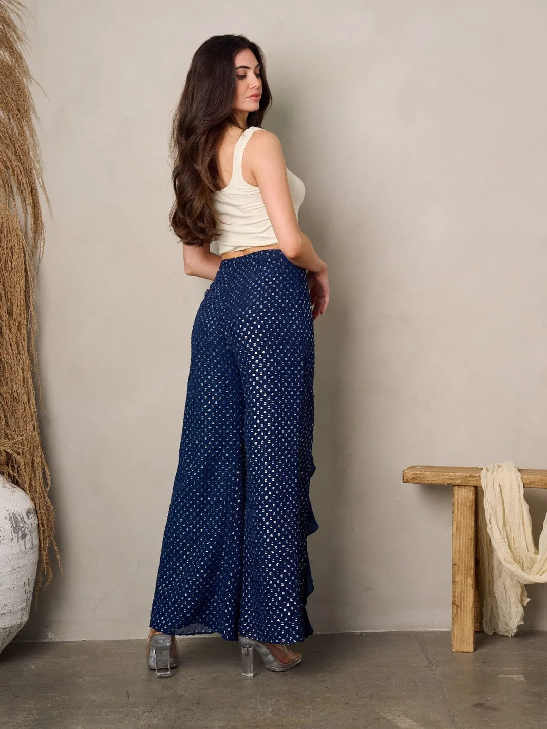 WOMEN'S WIDE RUFFLE SLIT SHIMMER DETAILED PANTS