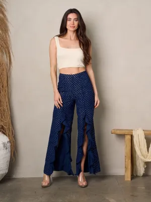 WOMEN'S WIDE RUFFLE SLIT SHIMMER DETAILED PANTS