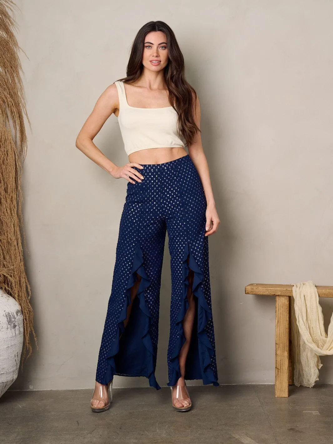 WOMEN'S WIDE RUFFLE SLIT SHIMMER DETAILED PANTS