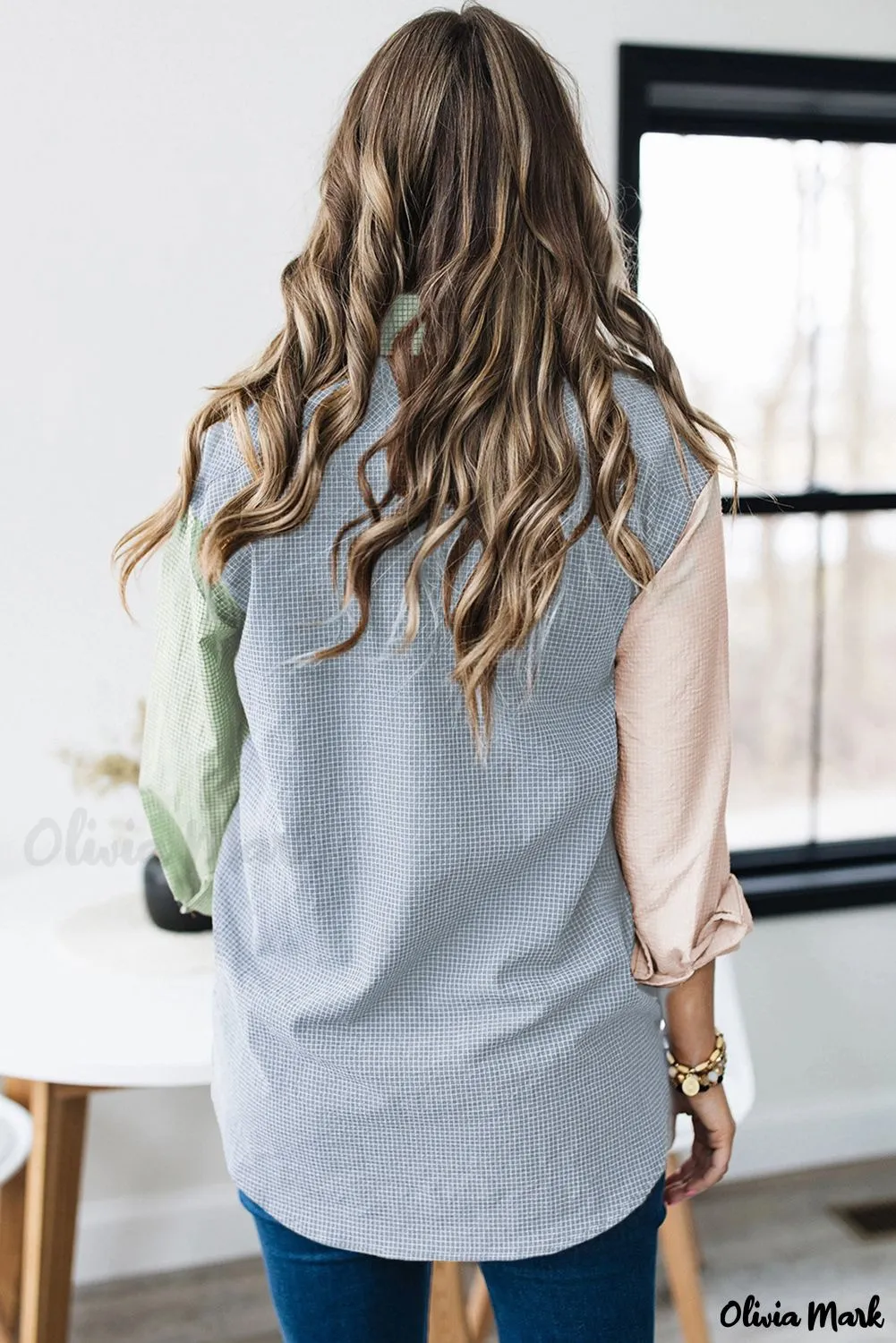 Xieyinshe - Green Plaid Color Block Long Sleeve Shirt