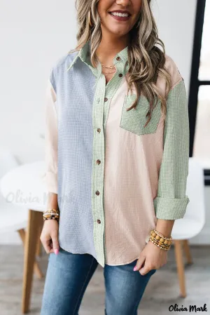 Xieyinshe - Green Plaid Color Block Long Sleeve Shirt