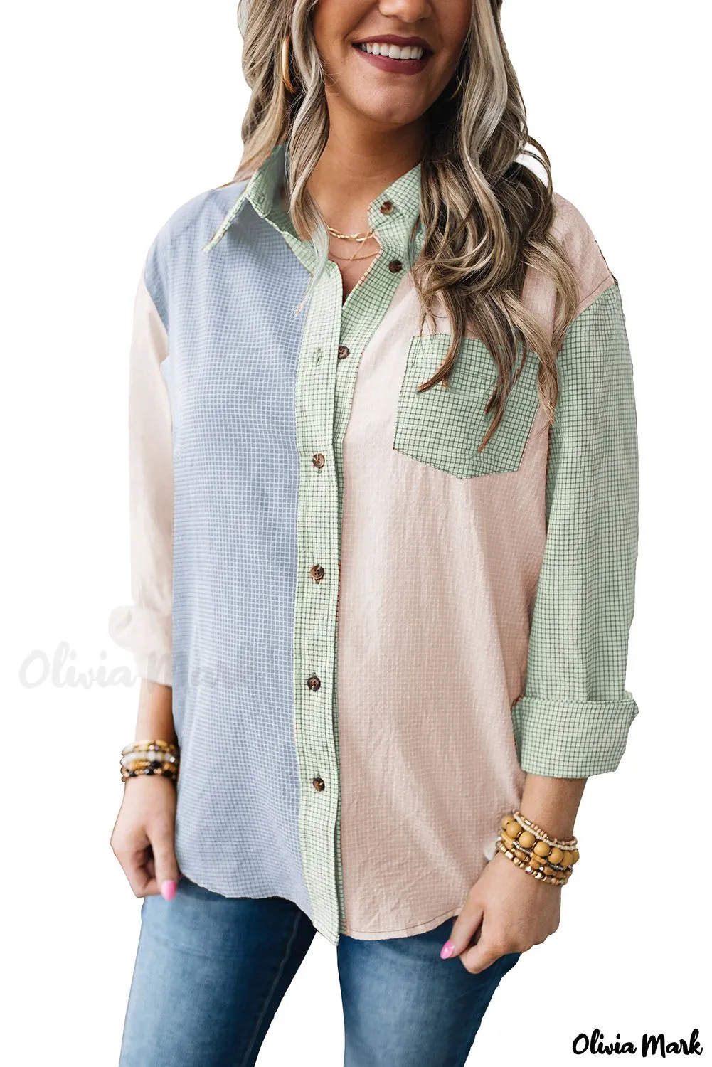 Xieyinshe - Green Plaid Color Block Long Sleeve Shirt