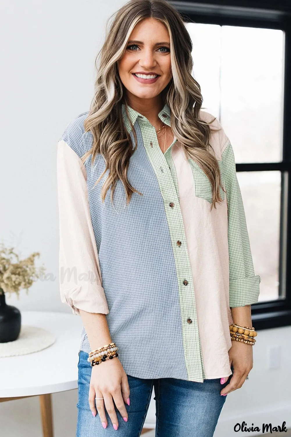 Xieyinshe - Green Plaid Color Block Long Sleeve Shirt
