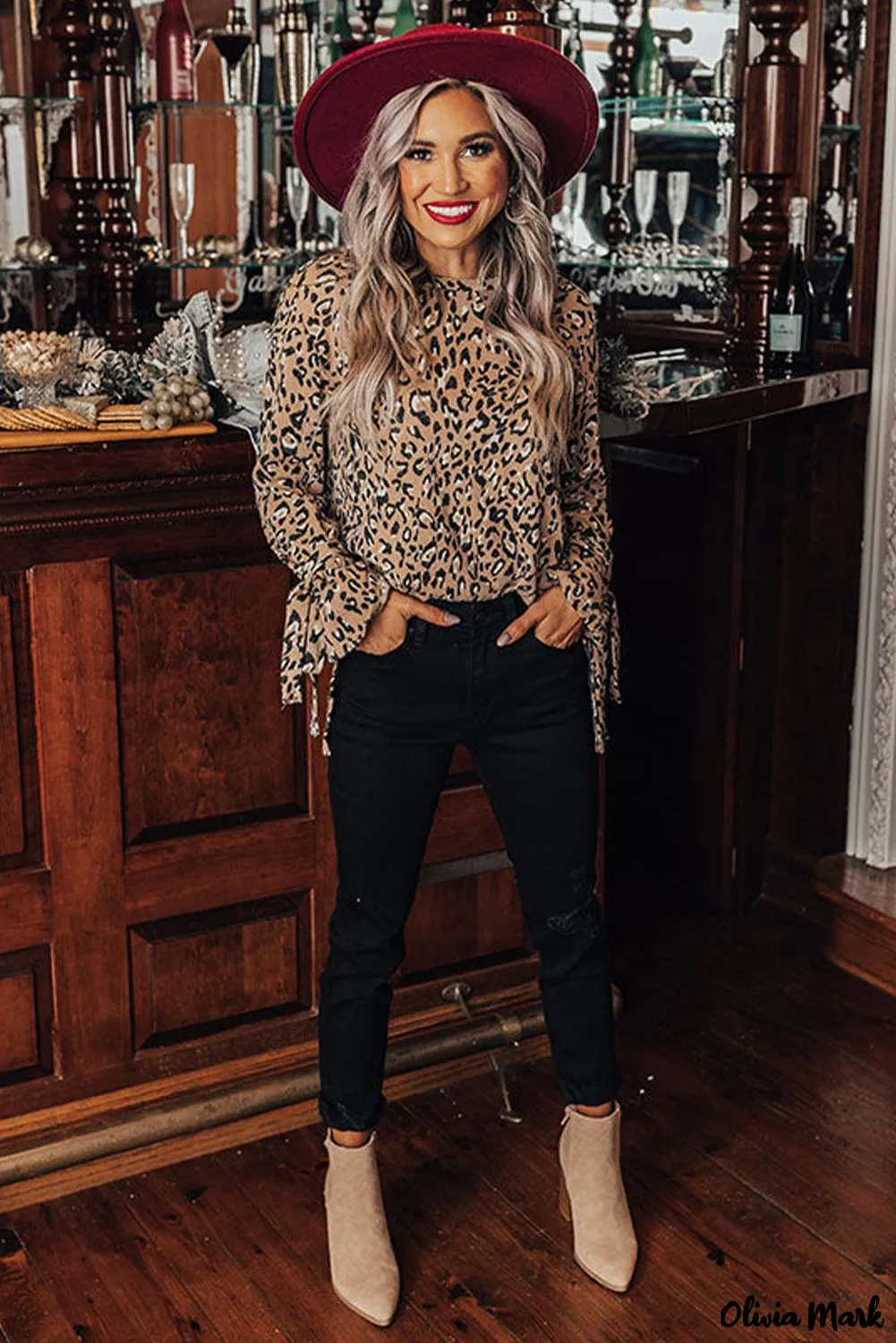 Xieyinshe - Leopard Print Long Sleeve Blouse