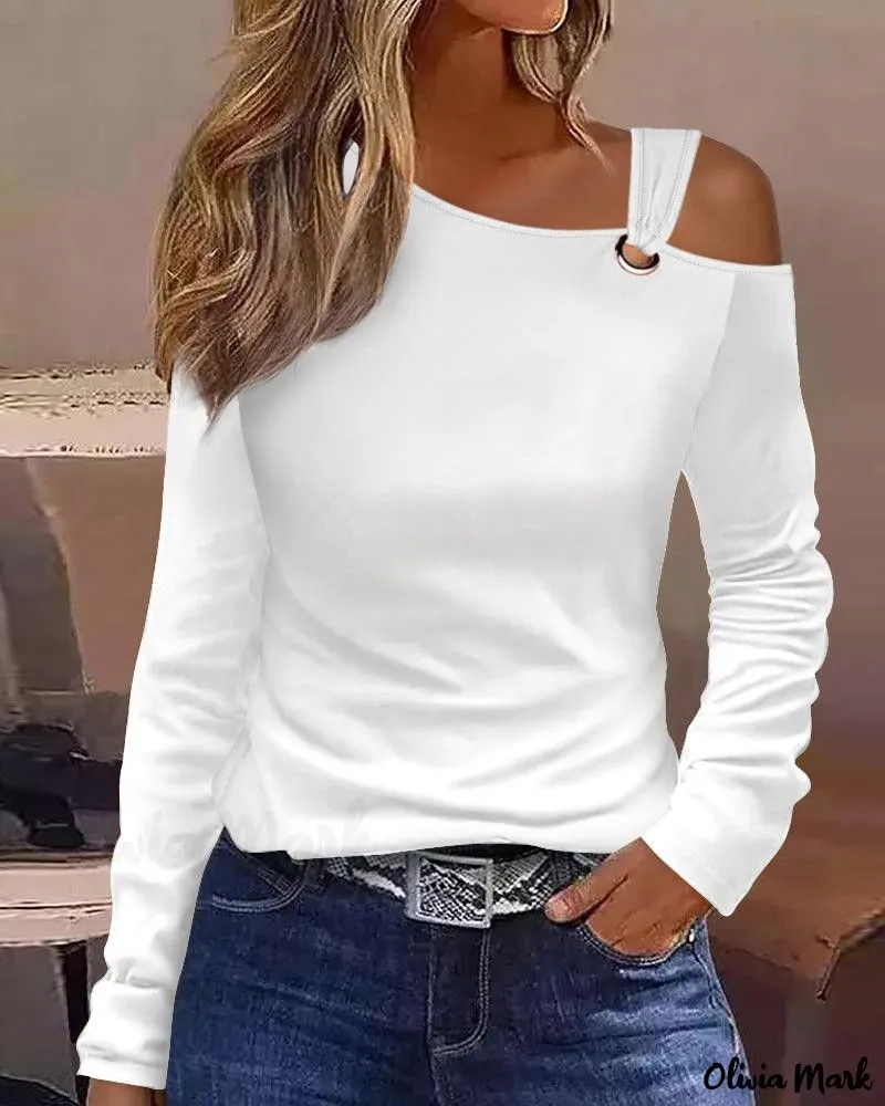 Xieyinshe - Long Sleeve Cold Shoulder Eyelet Blouse
