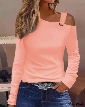 Xieyinshe - Long Sleeve Cold Shoulder Eyelet Blouse