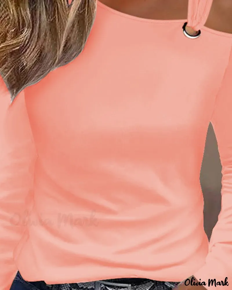 Xieyinshe - Long Sleeve Cold Shoulder Eyelet Blouse