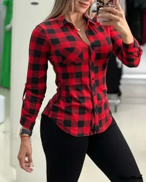 Xieyinshe - Plaid Print Long Sleeve Button-Up Shirt