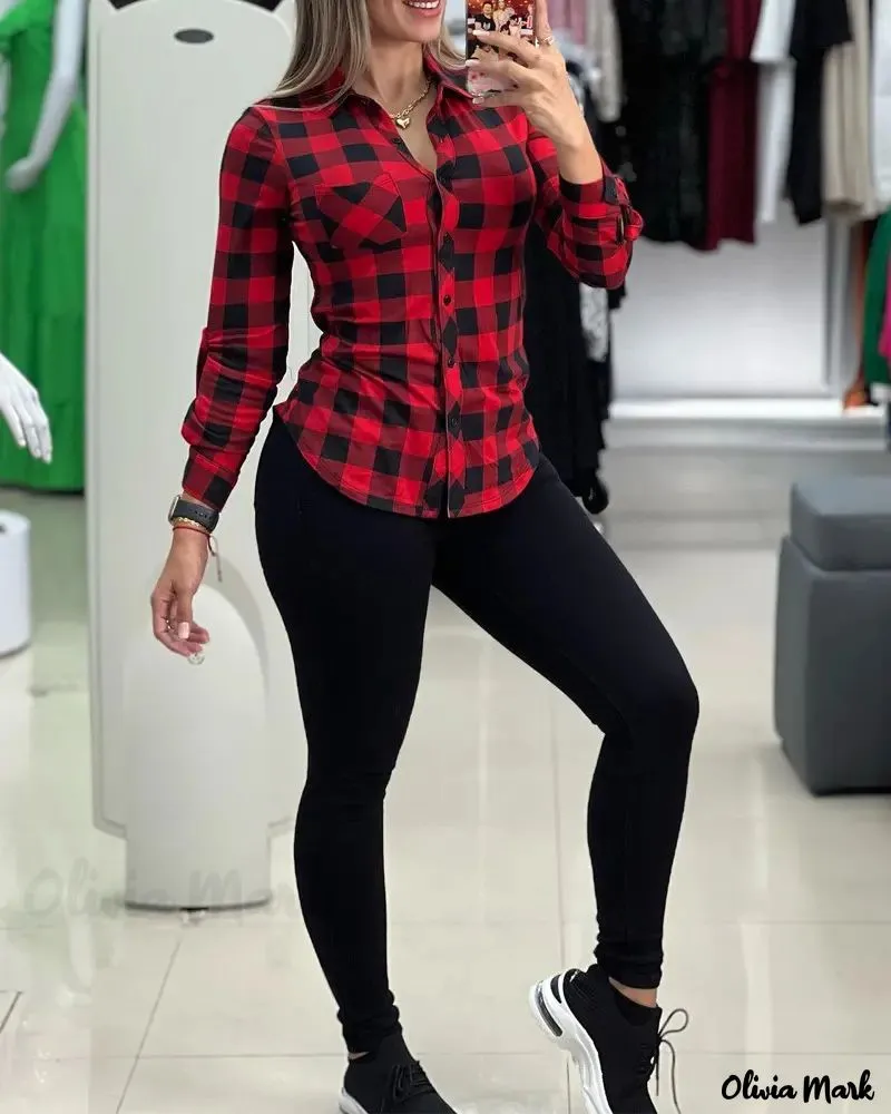 Xieyinshe - Plaid Print Long Sleeve Button-Up Shirt