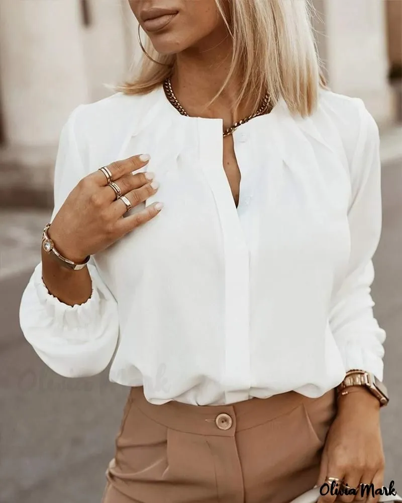 Xieyinshe - Womens O-Neck Long Sleeve Ruched Button Up Blouse