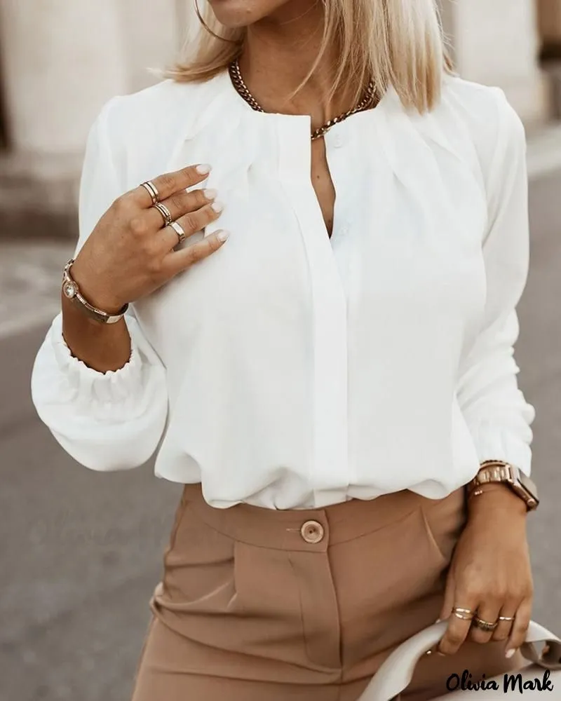 Xieyinshe - Womens O-Neck Long Sleeve Ruched Button Up Blouse