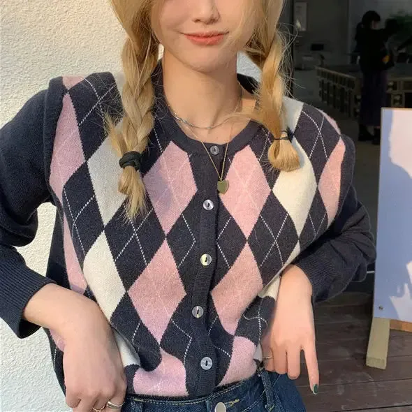 Y2K Argyle Knit Cardigan with Button Up Closure