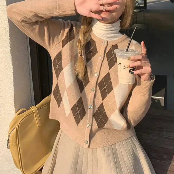 Y2K Argyle Knit Cardigan with Button Up Closure