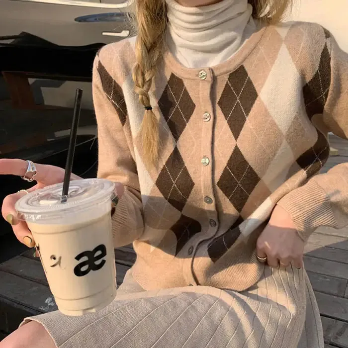 Y2K Argyle Knit Cardigan with Button Up Closure