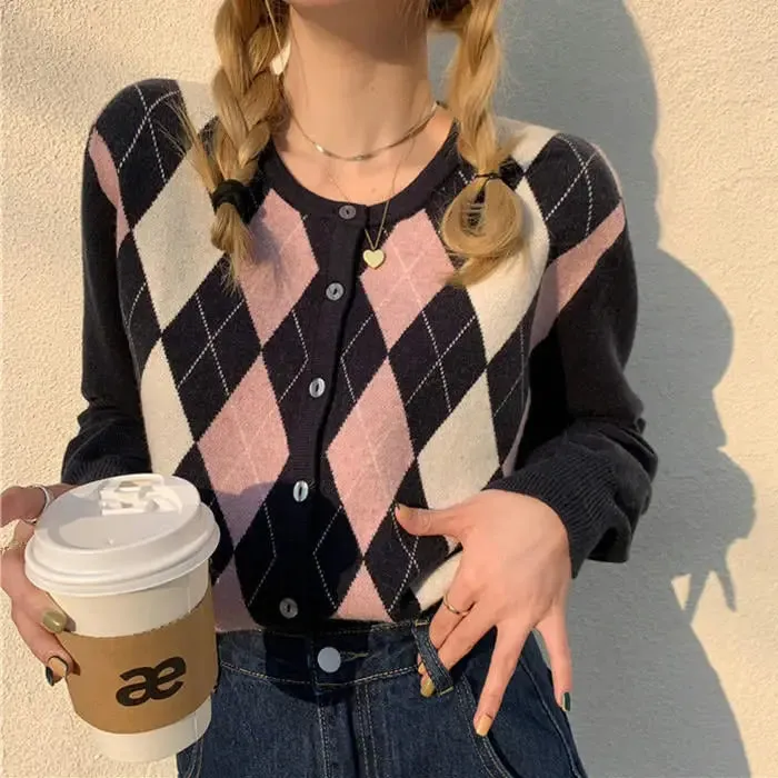 Y2K Argyle Knit Cardigan with Button Up Closure