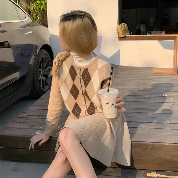 Y2K Argyle Knit Cardigan with Button Up Closure