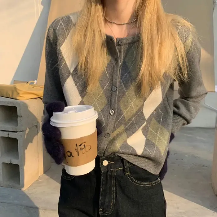 Y2K Argyle Knit Cardigan with Button Up Closure