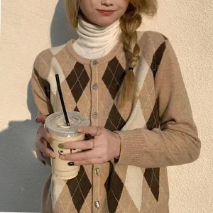 Y2K Argyle Knit Cardigan with Button Up Closure