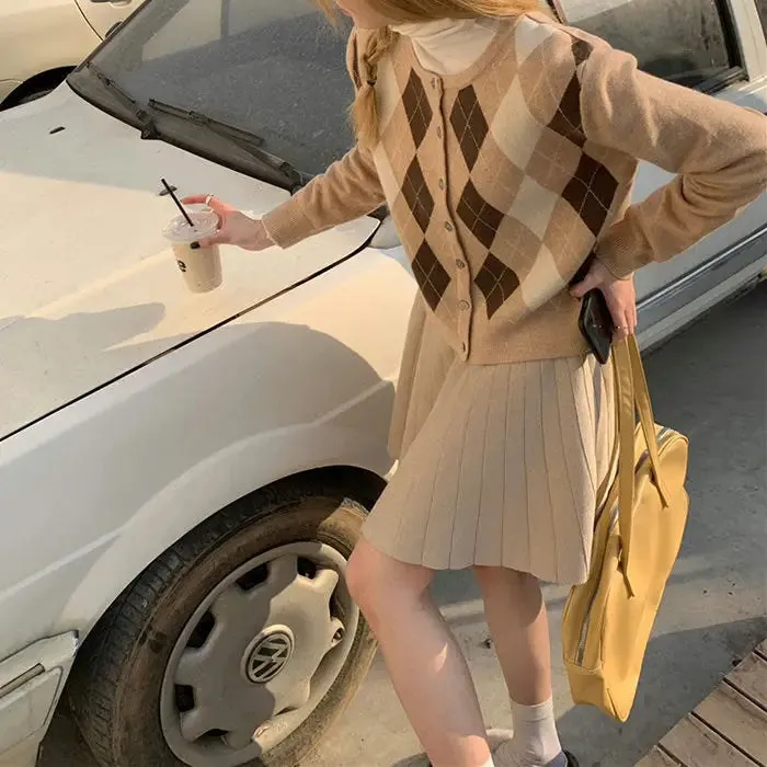 Y2K Argyle Knit Cardigan with Button Up Closure
