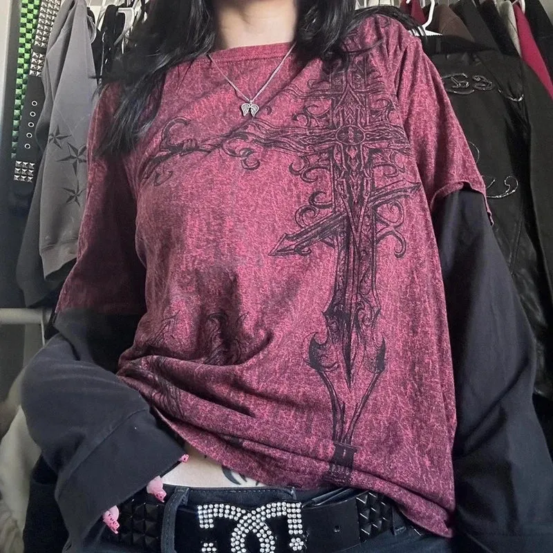Y2K Grunge Cross Layered Top