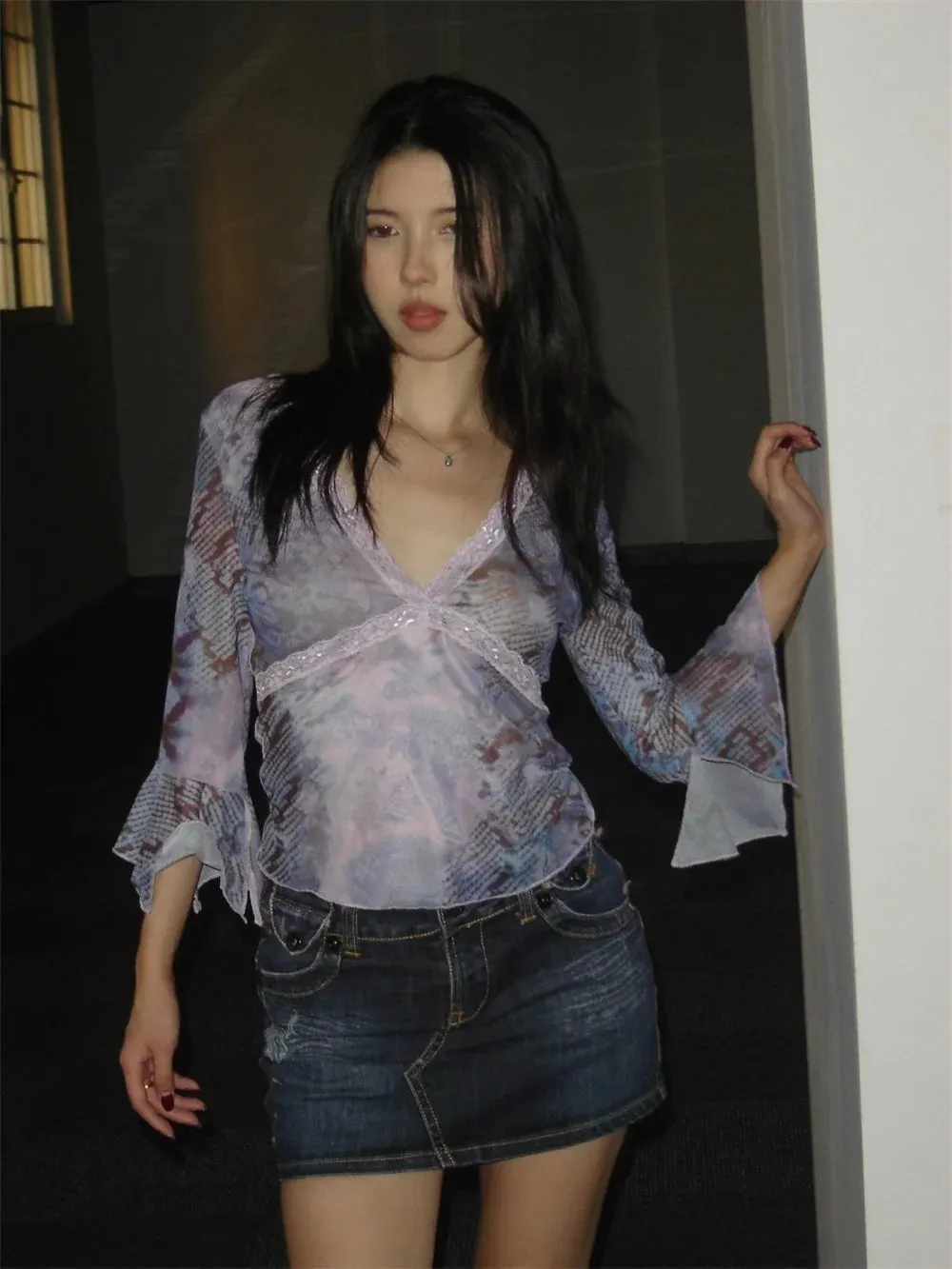 Y2K Lavender Lace Trim Top