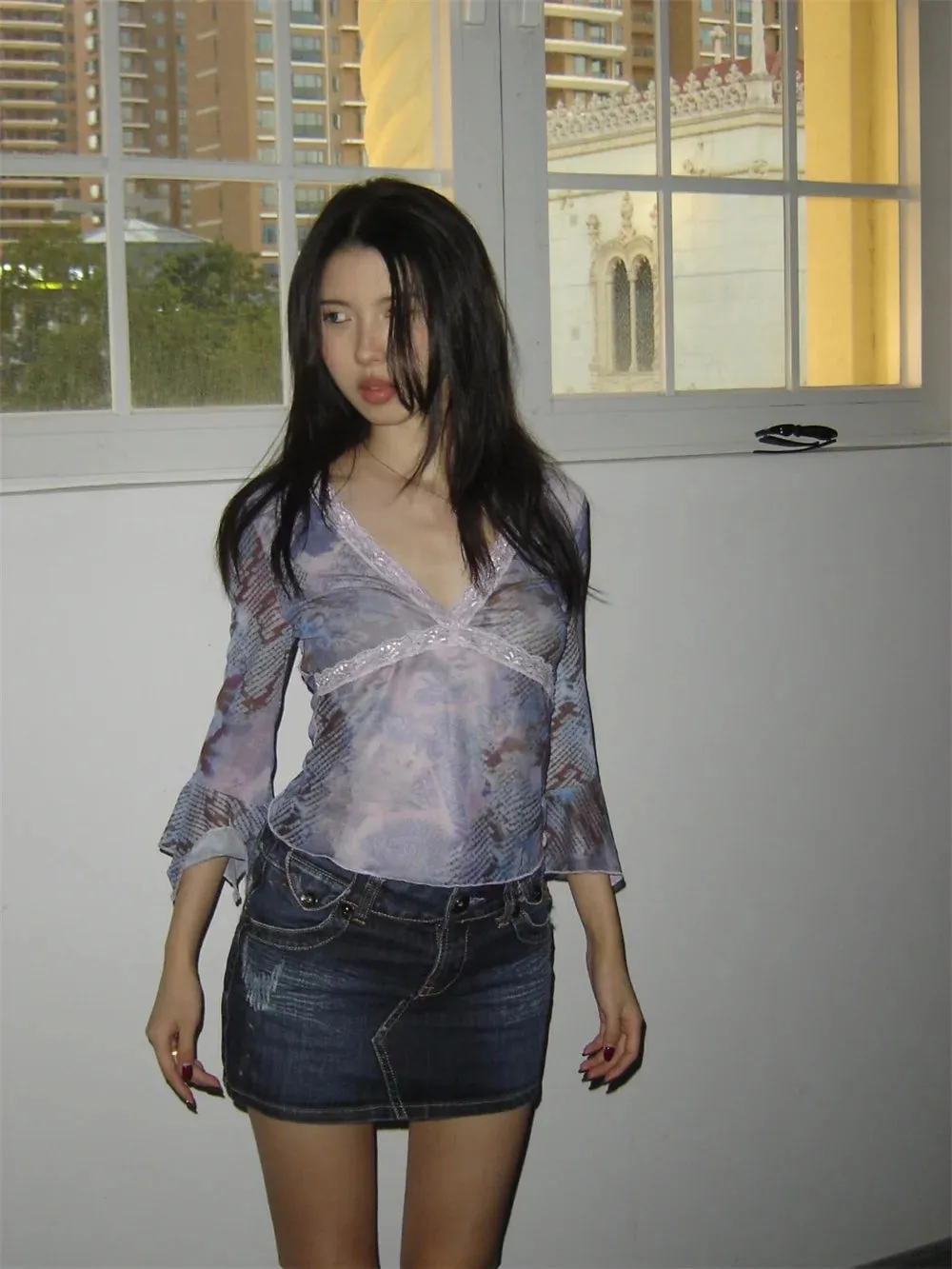 Y2K Lavender Lace Trim Top