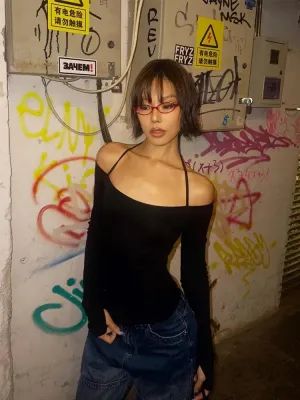 Y2K Neck Tie Off Shoulder Top