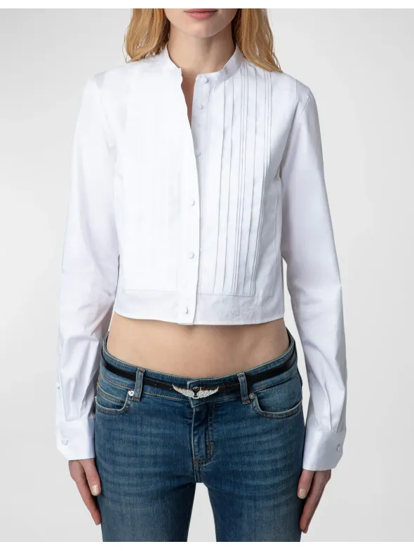Zadig & Voltaire Theby Pleated Cropped Button-Front Shirt in Judo